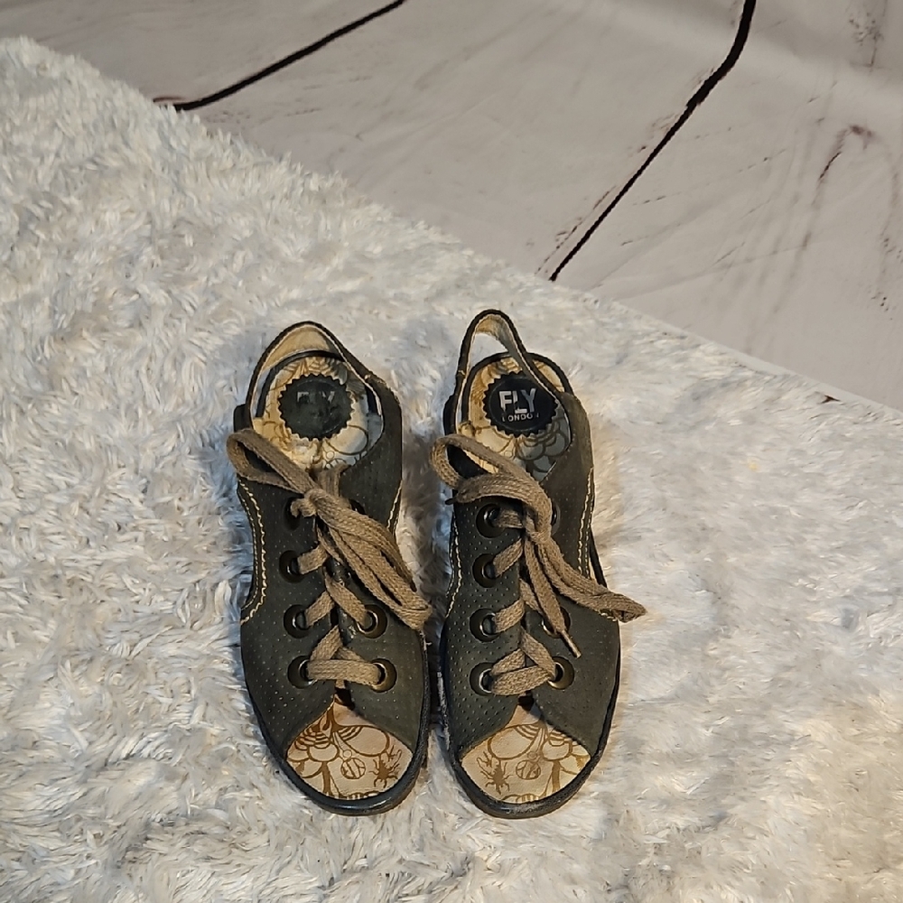 FLY London Black Slingback Wedge Sandals Lace‎ Up Peep Toe Casual Shoes Size 41